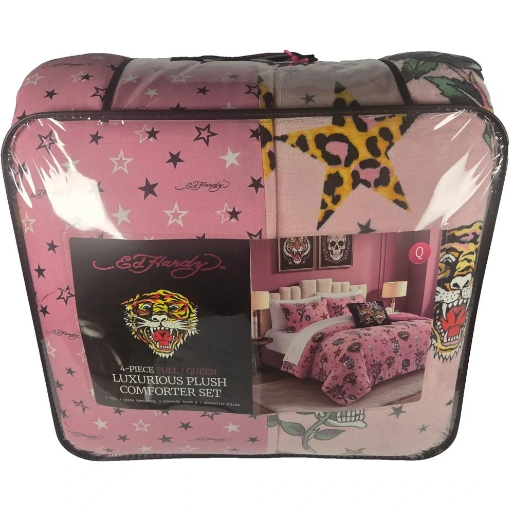 Ed Hardy Queen Comforter Set 4 Piece Pink Tiger Skull Rose Plush Bedding New
